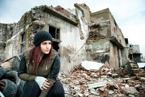 Wreckage Deconstruction Area and Young Woman Stock Photos