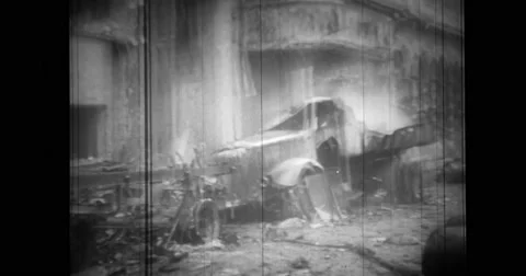 Wrecked buildings and building on fire Stock Footage 43455228