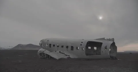 Wrecked Plane on the Beach in Iceland Stock Footage 228653096