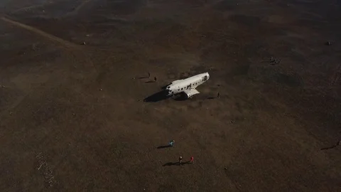 Wrecked plane on a black beach, Iceland Stock Footage