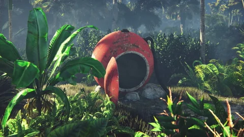 Wrecked space capsule lies in the jungle in the middle of palm trees and Stock Footage 112991900