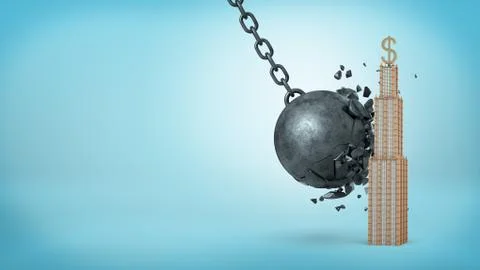 A wrecking ball breaking itself on solid shape of a business building with a Stock Illustration