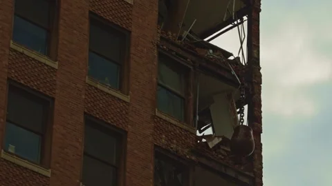 Wrecking Ball Breaking Through Upper Floors – Close Side View Stock Footage 312224398