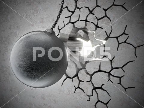 Wrecking ball demolishes old wall. 3D illustration Stock Illustration