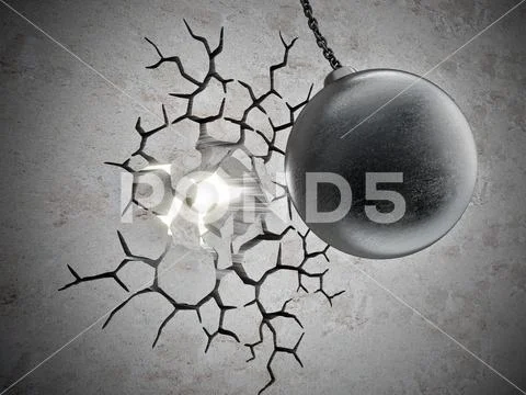 Wrecking ball demolishes old wall. 3D illustration Stock Illustration