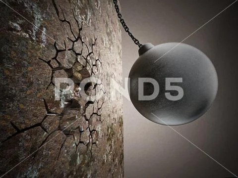 Wrecking ball demolishes old wall. 3D illustration Stock Illustration