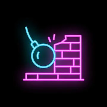 Wrecking ball hitting brick wall neon sign icon Ilustración de archivo