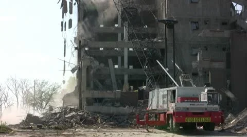 Wrecking Ball Tearing Down Building Stock Footage 10874553
