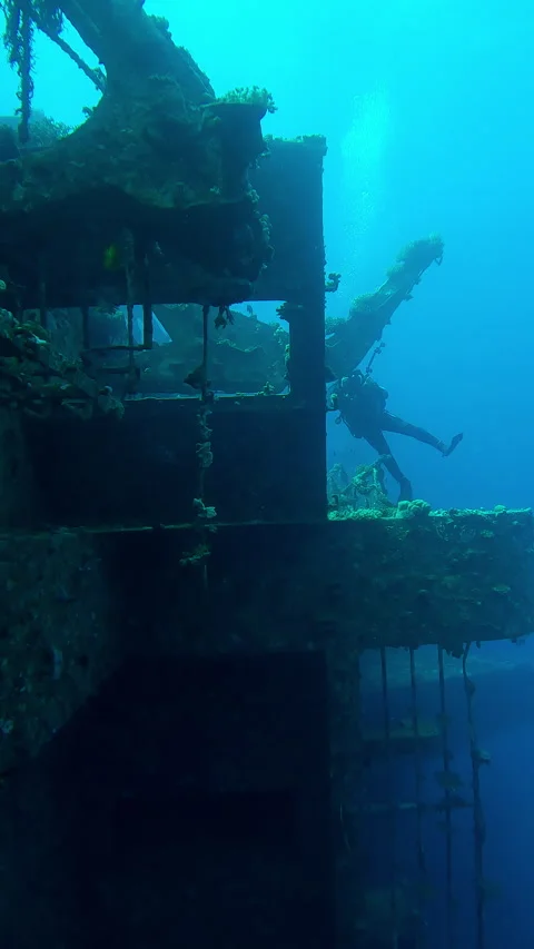 Wreckship of superstructure on Salem Express ferry, scuba diver shooting wreck Stock Footage 295487284