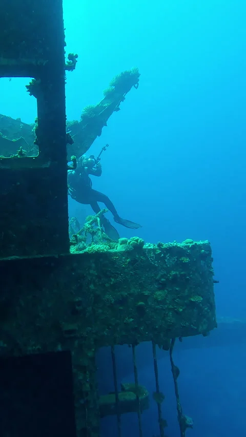 Wreckship of superstructure on Salem Express ferry, scuba diver shooting wreck Stock Footage 324570838