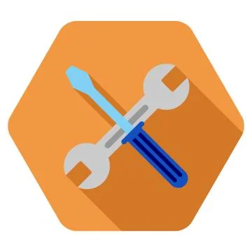 Wrench And Screwdriver Flat Hexagon Icon with Long Shadow Stock Illustration