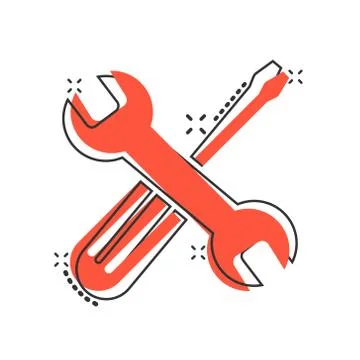 Wrench and screwdriver icon in comic style. Spanner key cartoon vector illust Stock Illustration