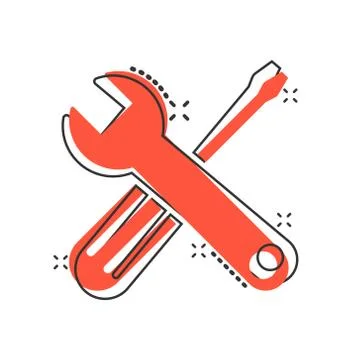 Wrench and screwdriver icon in comic style. Spanner key cartoon vector illust Stock Illustration