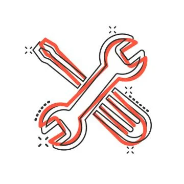 Wrench and screwdriver icon in comic style. Spanner key cartoon vector illust Illustrazione stock
