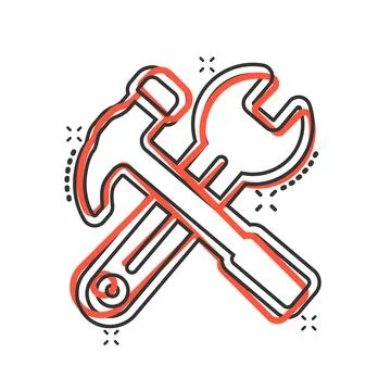 Wrench and screwdriver icon in comic style. Spanner key cartoon vector illust Stock Illustration