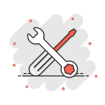 Wrench and screwdriver icon in comic style. Spanner key cartoon vector illust Illustrazione stock