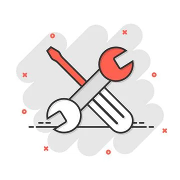 Wrench and screwdriver icon in comic style. Spanner key cartoon vector illust Stock Illustration