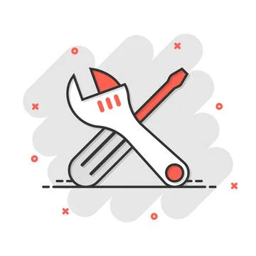 Wrench and screwdriver icon in comic style. Spanner key cartoon vector illust 스톡 일러스트