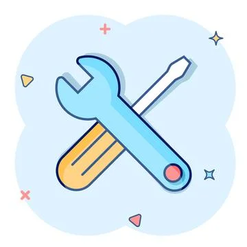 Wrench and screwdriver icon in comic style. Spanner key cartoon vector illust Stock Illustration