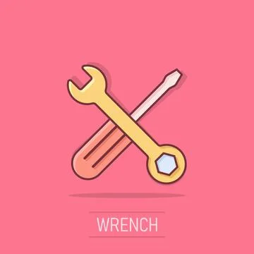 Wrench and screwdriver icon in comic style. Spanner key cartoon vector illu.. Stock Illustration