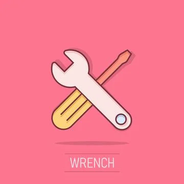 Wrench and screwdriver icon in comic style. Spanner key cartoon vector illu.. Stock Illustration