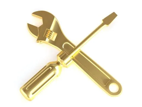 Wrench and screwdriver. Tools on white isolated background. 3d Wrench and ... Stock Photos