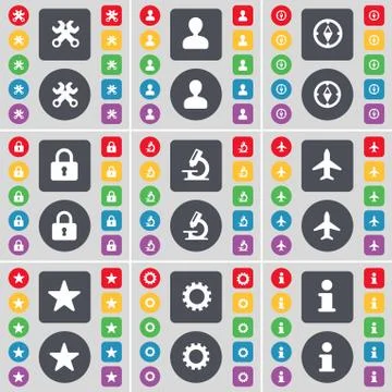 Wrench, Avatar, Compass, Lock, Microscope, Airplane, Star, Gear, Information ico イラスト素材