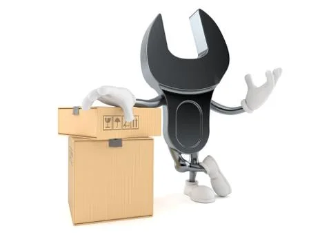 Wrench character with stack of boxes Illustrazione stock
