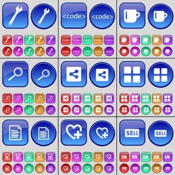 Wrench, Code, Cup, Magnifying glass, Share, Apps, Text file, Heart, Sell. A larg Stock Illustration