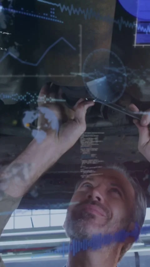 Wrench engaging threaded sensor, mechanic turning reseating plug under car while Stock Footage 334391503