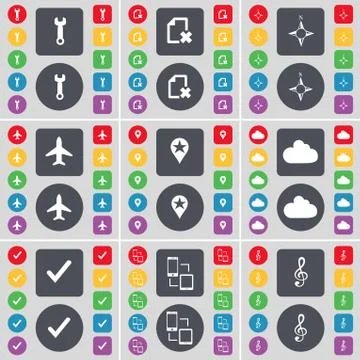Wrench, File, Compass, Airplane, Checkpoint, Cloud, Tick, Connection, Clef icon Stock Illustration