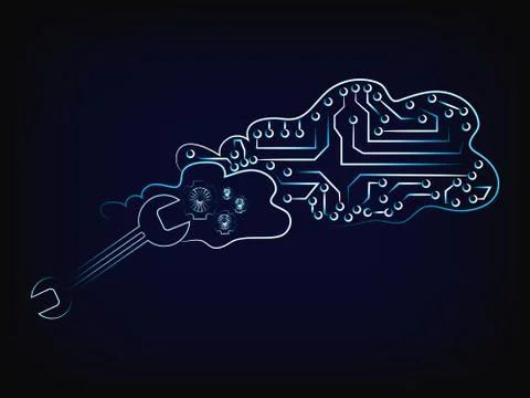 Wrench fixing circuit cloud and gearwheels Illustrazione stock
