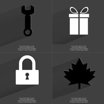 Wrench, Gift, Lock, Maple leaf. Symbols with long shadow. Flat design イラスト素材