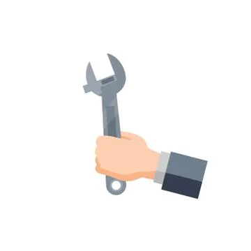 Wrench in hand. Technical work and repairs. Construction tool. Flat cartoon i Stock Illustration