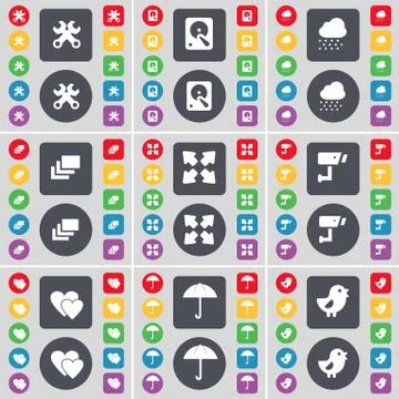 Wrench, Hard drive, Cloud, Gallery, Full screen, CCTV, Heart, Umbrella, Bird ico Stock Illustration
