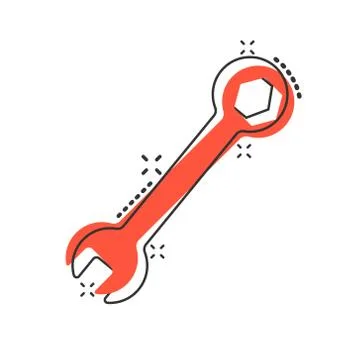 Wrench icon in comic style. Spanner key cartoon vector illustration on white  Stock Illustration