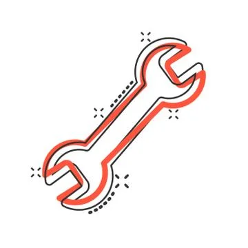 Wrench icon in comic style. Spanner key cartoon vector illustration on white  Illustrazione stock