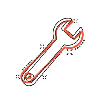 Wrench icon in comic style. Spanner key cartoon vector illustration on white  Illustrazione stock