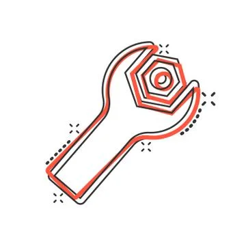 Wrench icon in comic style. Spanner key cartoon vector illustration on white  Illustrazione stock