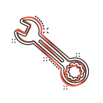 Wrench icon in comic style. Spanner key cartoon vector illustration on white  Stock Illustration