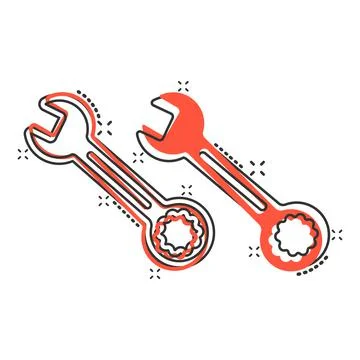 Wrench icon in comic style. Spanner key cartoon vector illustration on white  Illustrazione stock