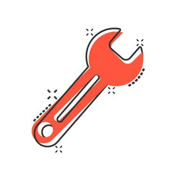 Wrench icon in comic style. Spanner key cartoon vector illustration on white  Illustrazione stock