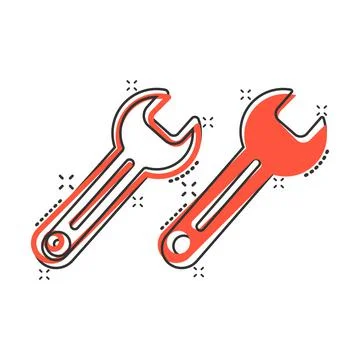 Wrench icon in comic style. Spanner key cartoon vector illustration on white  Illustrazione stock