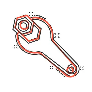 Wrench icon in comic style. Spanner key cartoon vector illustration on white  Stock Illustration