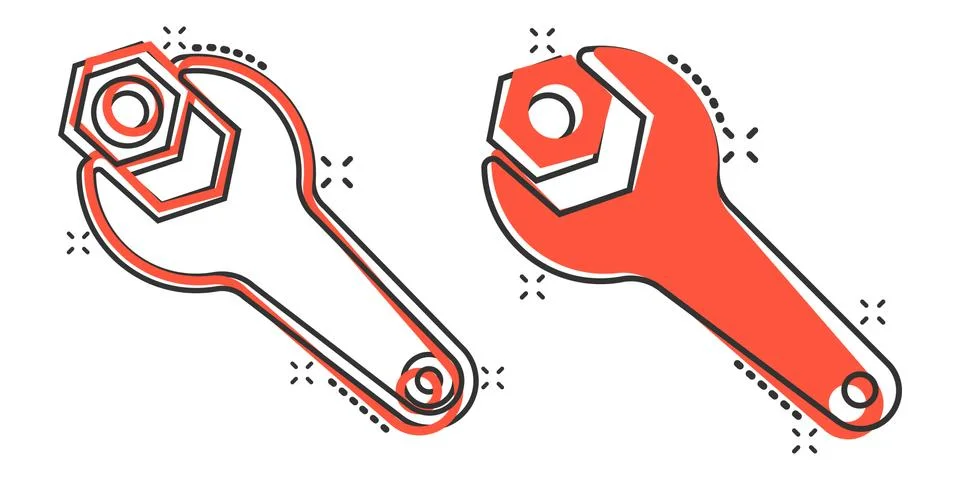 Wrench icon in comic style. Spanner key cartoon vector illustration on white  Stock Illustration