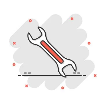 Wrench icon in comic style. Spanner key cartoon vector illustration on white  Illustrazione stock