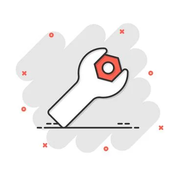 Wrench icon in comic style. Spanner key cartoon vector illustration on white  Stock Illustration