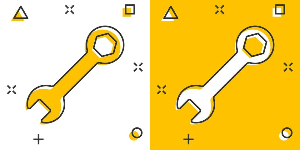Wrench icon in comic style. Spanner key cartoon vector illustration on white  Stock Illustration
