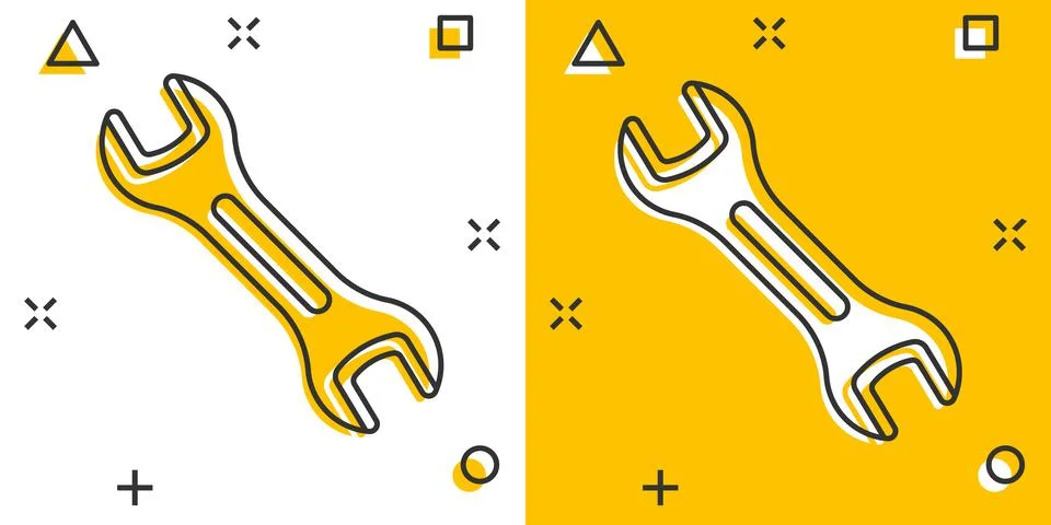 Wrench icon in comic style. Spanner key cartoon vector illustration on white  Stock Illustration