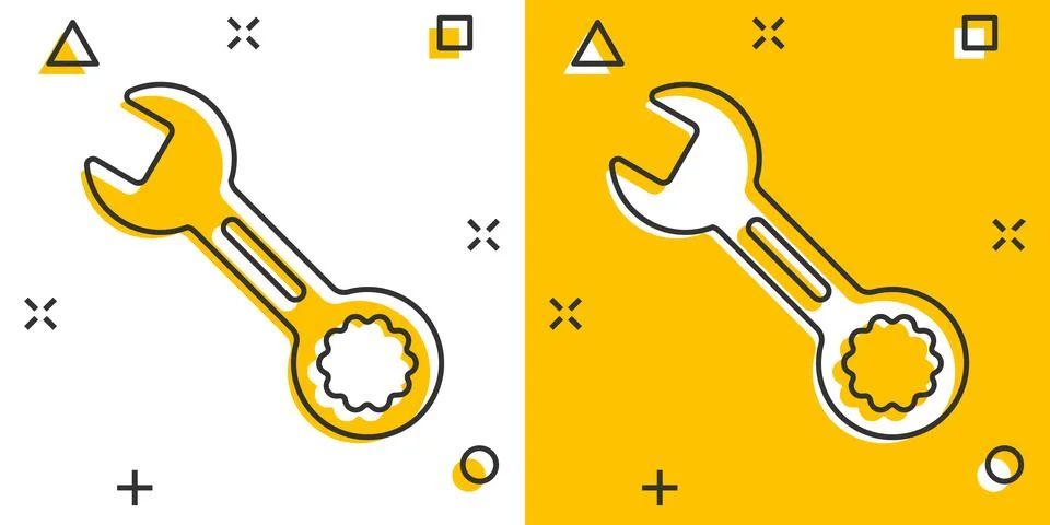 Wrench icon in comic style. Spanner key cartoon vector illustration on white  Stock Illustration